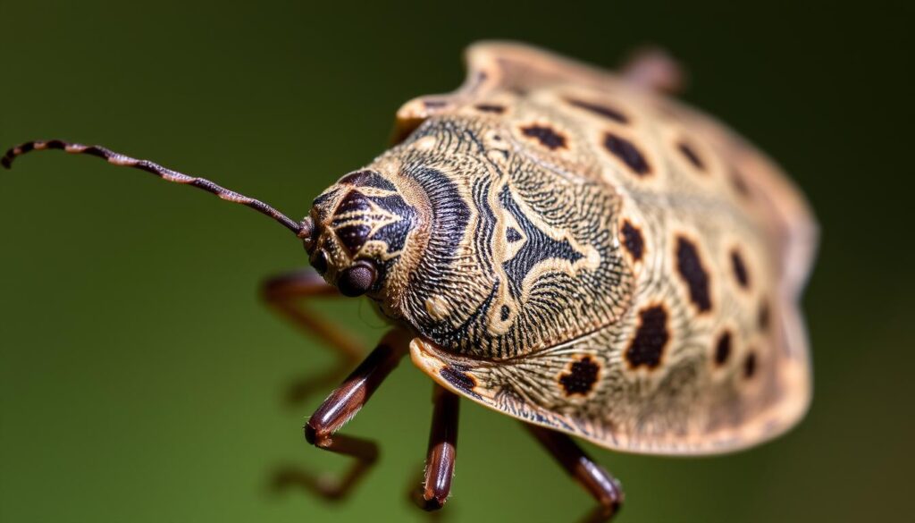 A close-up portrait of a stink bug, its distinctive shield-shaped body and antennae prominently displayed. The insect's intricate patterns of brown, gray, and black hues are sharply defined under natural lighting, capturing the insect's textured exoskeleton in meticulous detail. The image is framed to highlight the stink bug's unique characteristics, such as its triangular head, elongated legs, and the pair of scent glands that give the insect its characteristic defensive odor. The background is softly blurred, placing the stink bug in clear focus and emphasizing its distinctive appearance. A close-up portrait of a stink bug, its distinctive shield-shaped body and antennae prominently displayed. The insect's intricate patterns of brown, gray, and black hues are sharply defined under natural lighting, capturing the insect's textured exoskeleton in meticulous detail. The image is framed to highlight the stink bug's unique characteristics, such as its triangular head, elongated legs, and the pair of scent glands that give the insect its characteristic defensive odor. The background is softly blurred, placing the stink bug in clear focus and emphasizing its distinctive appearance.