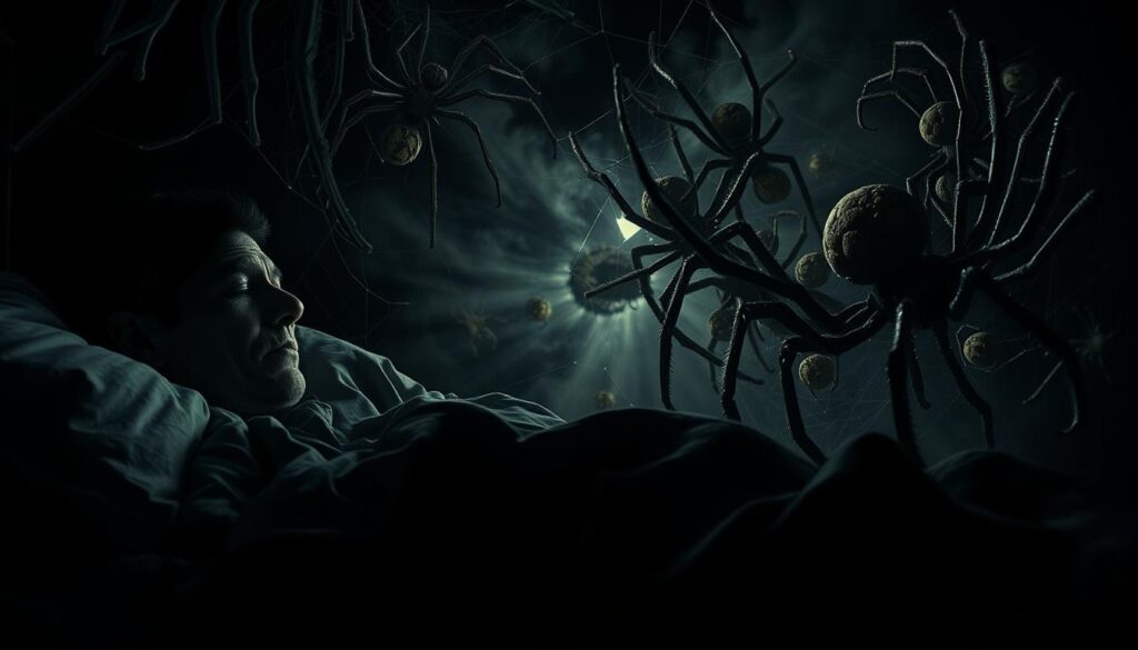 A dark, surreal dreamscape filled with crawling spiders and tangled webs. In the foreground, a person tossing and turning in their sleep, their face contorted with unease. Swirling mists and shadows in the middle ground, hinting at the subconscious realm of spider dreams. In the background, a kaleidoscope of distorted arachnid forms, their multiple eyes gleaming with an otherworldly presence. Dramatic chiaroscuro lighting casts dramatic shadows, heightening the sense of unease and the unseen. Cinematic wide-angle lens captures the scene with a sense of immersion and psychological depth. A dark, surreal dreamscape filled with crawling spiders and tangled webs. In the foreground, a person tossing and turning in their sleep, their face contorted with unease. Swirling mists and shadows in the middle ground, hinting at the subconscious realm of spider dreams. In the background, a kaleidoscope of distorted arachnid forms, their multiple eyes gleaming with an otherworldly presence. Dramatic chiaroscuro lighting casts dramatic shadows, heightening the sense of unease and the unseen. Cinematic wide-angle lens captures the scene with a sense of immersion and psychological depth.