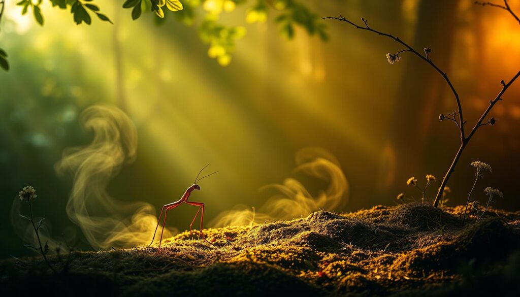 A dreamlike landscape where a stick insect gracefully navigates its symbolic realm. The insect's delicate, elongated form casts intricate shadows across a mystical forest floor, illuminated by a warm, diffused light filtering through the canopy. Wispy tendrils of mist swirl around the scene, imbuing it with a sense of ethereal tranquility. The background is a tapestry of verdant foliage and earthy tones, hinting at the insect's deeper connection to the natural world. Subtle details, such as a gently curving twig or a smattering of delicate flowers, add depth and texture to the composition. The overall atmosphere evokes a profound sense of contemplation and insight, inviting the viewer to ponder the symbolic significance of the stick insect within the realms of dreams and the subconscious.