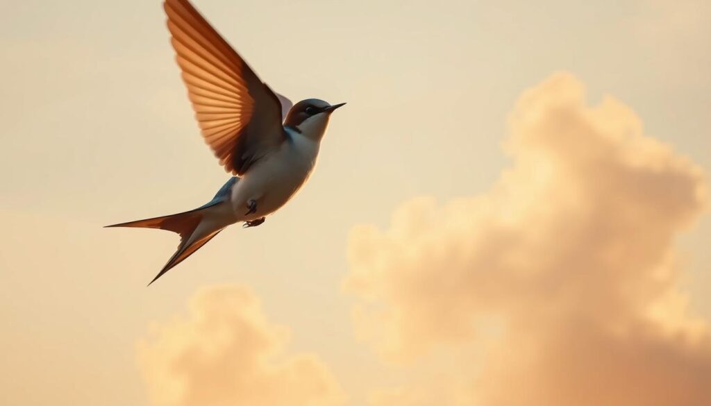 A dreamlike scene unfolds, where a graceful swallow takes flight against a soft, ethereal backdrop. The bird's sleek, elegant form is bathed in warm, golden light, its wings outstretched in a captivating dance. The background is a serene, pastel-hued sky, evoking a sense of tranquility and introspection. Delicate wisps of cloud add depth and dimension, while the overall composition suggests the swallow's symbolic representation of freedom, renewal, and spiritual enlightenment. The image conveys a sense of wonder and contemplation, inviting the viewer to meditate on the significance of the swallow's presence in the realm of dreams. A dreamlike scene unfolds, where a graceful swallow takes flight against a soft, ethereal backdrop. The bird's sleek, elegant form is bathed in warm, golden light, its wings outstretched in a captivating dance. The background is a serene, pastel-hued sky, evoking a sense of tranquility and introspection. Delicate wisps of cloud add depth and dimension, while the overall composition suggests the swallow's symbolic representation of freedom, renewal, and spiritual enlightenment. The image conveys a sense of wonder and contemplation, inviting the viewer to meditate on the significance of the swallow's presence in the realm of dreams.