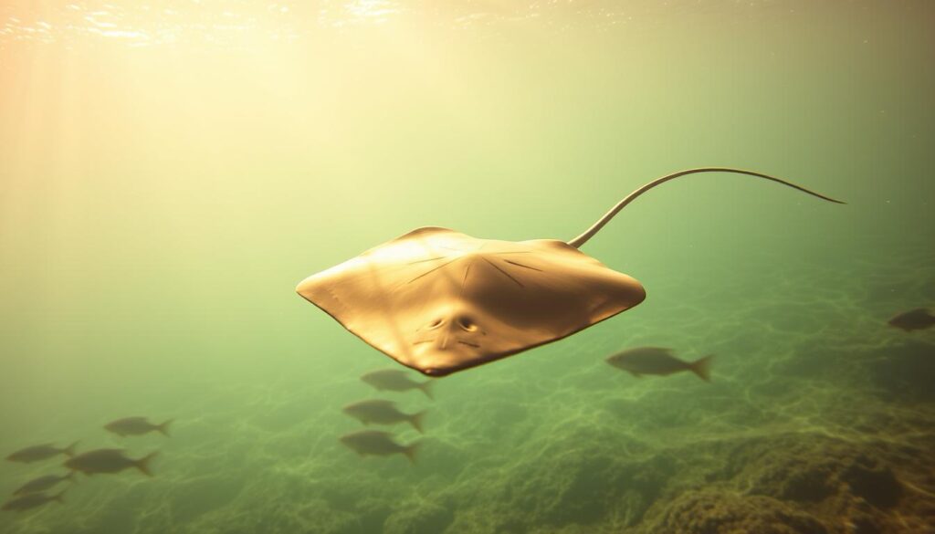 A dreamlike seascape with a majestic stingray gliding through the shimmering waters, its graceful movements evoking a sense of serenity and interconnectedness with the natural world. In the foreground, the stingray's distinctive diamond-shaped body and long whip-like tail command attention, as if symbolic of hidden depths and ancient wisdom. The scene is bathed in a warm, golden glow, casting a tranquil, almost mystical atmosphere, hinting at the stingray's potential to serve as a guiding spirit or totem in the realm of dreams. Subtle details, such as the play of light on the water's surface and the occasional schools of smaller fish, add depth and nuance to the composition, creating a visually captivating and spiritually resonant representation of stingray symbolism.