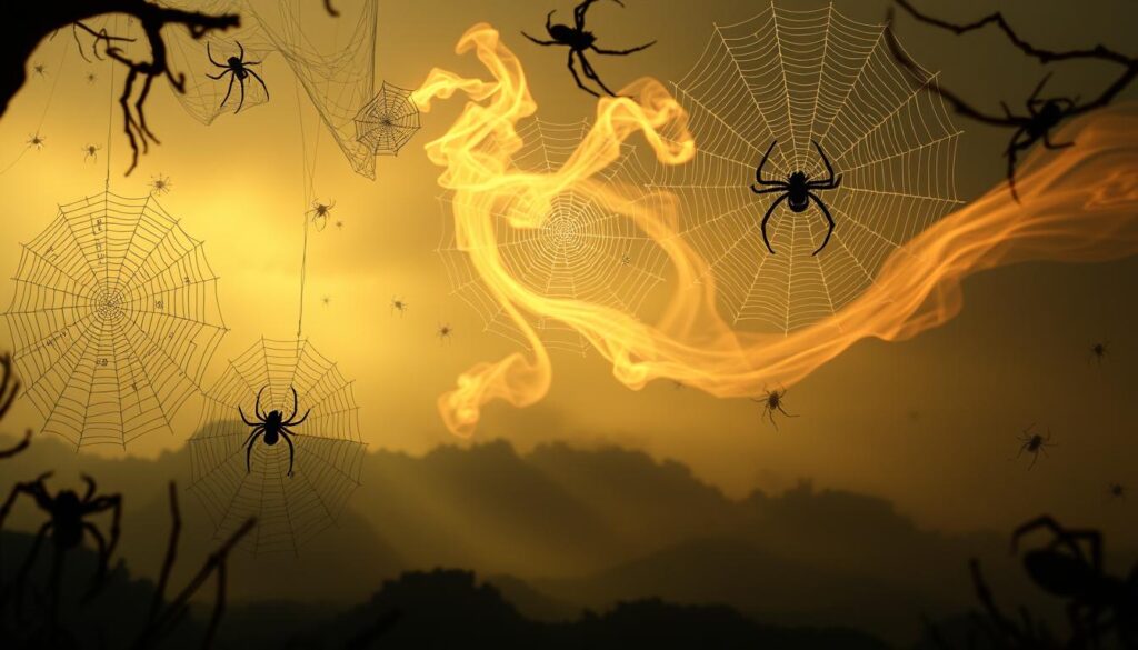 A dreamy, ethereal vision of spider messages floating in the air, illuminated by a soft, warm glow. In the foreground, intricate spider webs emerge from the shadows, their delicate strands carrying cryptic symbols and ancient runes. The middle ground features a swirling, almost sentient mist, which carries the ghostly silhouettes of spiders, their movements imbued with mystical significance. The background is a hazy, atmospheric landscape, with hints of a distant, otherworldly horizon. The overall mood is one of mysticism, contemplation, and the exploration of the unseen realms of the subconscious. A dreamy, ethereal vision of spider messages floating in the air, illuminated by a soft, warm glow. In the foreground, intricate spider webs emerge from the shadows, their delicate strands carrying cryptic symbols and ancient runes. The middle ground features a swirling, almost sentient mist, which carries the ghostly silhouettes of spiders, their movements imbued with mystical significance. The background is a hazy, atmospheric landscape, with hints of a distant, otherworldly horizon. The overall mood is one of mysticism, contemplation, and the exploration of the unseen realms of the subconscious.