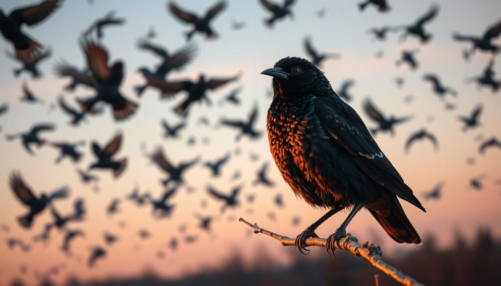 A flock of starlings swirling in the twilight sky, their iridescent feathers shimmering like a living kaleidoscope. In the foreground, a single starling perches on a bare branch, its beady eyes reflecting a pensive, almost dreamlike expression. The background is a hazy, impressionistic landscape, with soft, muted colors and a sense of gentle melancholy. The lighting is warm and diffused, casting a golden glow over the scene, evoking a sense of introspection and contemplation. The overall mood is one of emotional depth and psychological insight, inviting the viewer to ponder the symbolic meaning and personal significance of the starling's presence in their dreams.