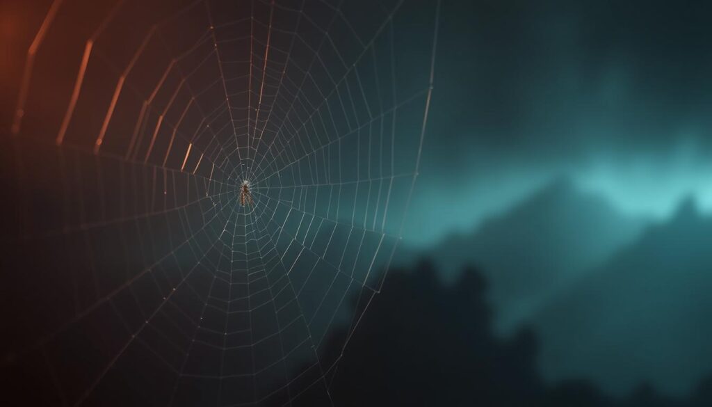 A haunting, ethereal scene of spider web entrapment. In the foreground, an intricate web dangles, its gossamer strands illuminated by a soft, hazy light. Trapped within the web, a small insect struggles, its every movement echoing the theme of being ensnared. The web stretches into the middle ground, creating a sense of depth and capturing the viewer's gaze. In the background, a dimly lit, atmospheric landscape unfolds, hinting at the unseen forces that govern the web's creation. A sense of unease and vulnerability permeates the scene, inviting contemplation on the symbolism of spider entrapment. A haunting, ethereal scene of spider web entrapment. In the foreground, an intricate web dangles, its gossamer strands illuminated by a soft, hazy light. Trapped within the web, a small insect struggles, its every movement echoing the theme of being ensnared. The web stretches into the middle ground, creating a sense of depth and capturing the viewer's gaze. In the background, a dimly lit, atmospheric landscape unfolds, hinting at the unseen forces that govern the web's creation. A sense of unease and vulnerability permeates the scene, inviting contemplation on the symbolism of spider entrapment.