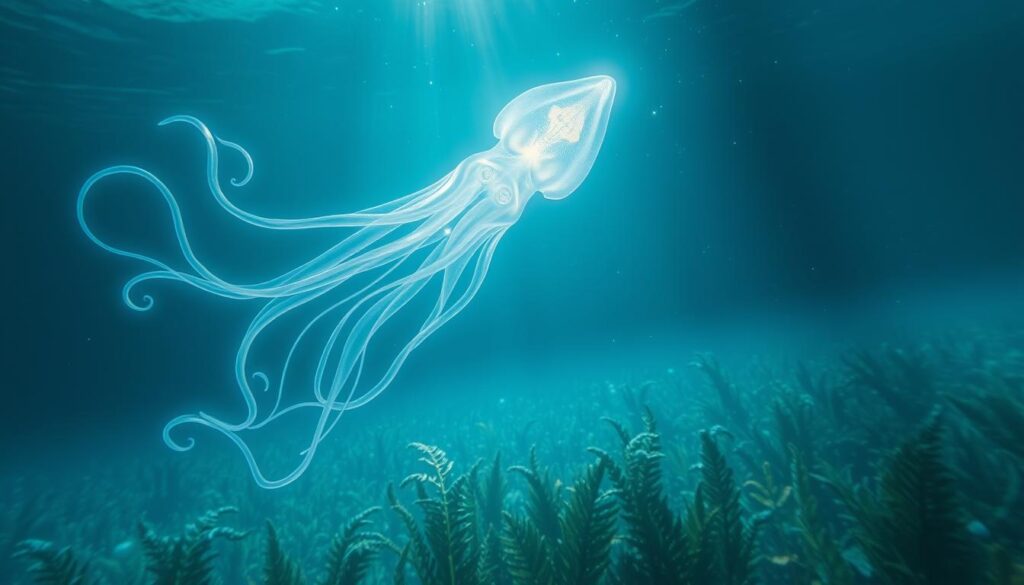 A luminous, underwater scene depicting the spiritual essence of a squid. In the foreground, a glowing, ethereal squid floats, its tentacles swirling with an otherworldly energy. Its eyes emit a soft, introspective glow, hinting at the creature's profound connection to the cosmic mysteries of the deep. The mid-ground features a serene, kelp-filled seabed, bathed in a shimmering, azure light. In the background, a faint, celestial presence can be seen, suggesting the squid's transcendent, spiritual nature. The overall atmosphere is one of contemplation, wonder, and the sublime interconnectedness of all life. A luminous, underwater scene depicting the spiritual essence of a squid. In the foreground, a glowing, ethereal squid floats, its tentacles swirling with an otherworldly energy. Its eyes emit a soft, introspective glow, hinting at the creature's profound connection to the cosmic mysteries of the deep. The mid-ground features a serene, kelp-filled seabed, bathed in a shimmering, azure light. In the background, a faint, celestial presence can be seen, suggesting the squid's transcendent, spiritual nature. The overall atmosphere is one of contemplation, wonder, and the sublime interconnectedness of all life.
