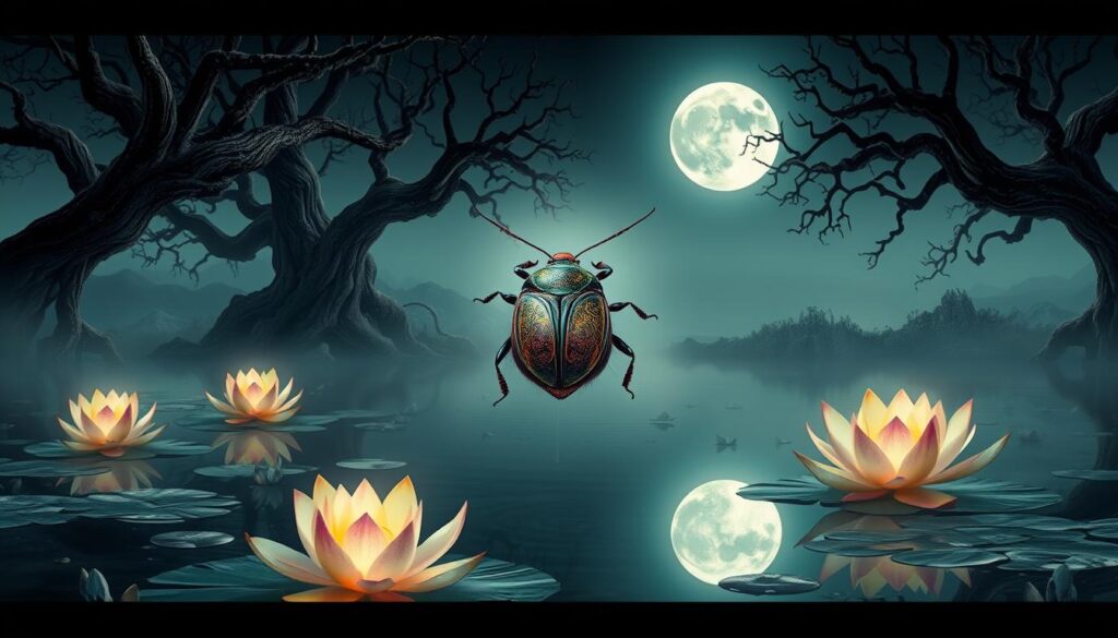 A mystical stink bug hovers above a serene pond, surrounded by glowing lotus flowers and misty wisps of spiritual energy. The bug's shell shimmers with iridescent hues, reflecting the gentle illumination of a full moon overhead. In the distant background, ancient trees with twisted, gnarled branches frame the scene, creating a sense of timeless, otherworldly tranquility. The overall atmosphere is one of contemplation, transformation, and deeper connection to the natural world's unseen forces. A mystical stink bug hovers above a serene pond, surrounded by glowing lotus flowers and misty wisps of spiritual energy. The bug's shell shimmers with iridescent hues, reflecting the gentle illumination of a full moon overhead. In the distant background, ancient trees with twisted, gnarled branches frame the scene, creating a sense of timeless, otherworldly tranquility. The overall atmosphere is one of contemplation, transformation, and deeper connection to the natural world's unseen forces.