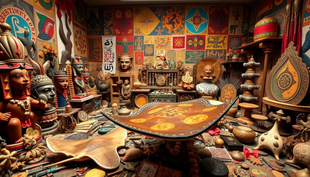 A richly detailed scene of cultural interpretations of the stingray, set against a backdrop of diverse global influences. In the foreground, a vibrant mosaic of stingray imagery - tribal totems, mythological depictions, and symbolic representations from various ancient civilizations. The middle ground features an array of artifacts, textiles, and ceremonial objects evoking the stingray's significance in different belief systems and traditions. In the background, a kaleidoscope of colors, patterns, and architectural elements suggestive of the stingray's global reach and multifaceted symbolism. The lighting is warm and diffused, creating an atmosphere of reverence and wonder. Captured through a wide-angle lens to encompass the full breadth of cultural interpretations.