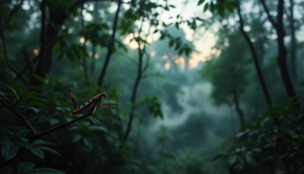 A serene and dreamlike forest at dusk, with soft, diffused lighting filtering through the canopy of lush foliage. In the foreground, a delicate stick insect rests on a branch, its intricate camouflage blending seamlessly with the verdant surroundings. The insect's long, slender limbs and intricate patterns appear to beckon the viewer, as if inviting them to step into this enchanting, otherworldly realm. The middle ground features a hazy, atmospheric mist, adding a sense of mystery and the subconscious. In the background, distant trees and fading light suggest the boundless expanse of the dream world. The overall mood is one of tranquility, wonder, and the blurring of the line between reality and the imagination.