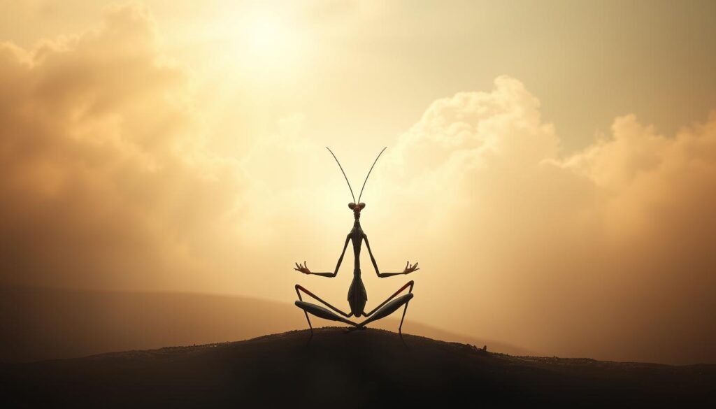 A serene and mystical scene depicting a stick insect in a spiritual, meditative pose. The insect sits with its long, slender legs crossed, emanating an aura of tranquility. The background is a dreamlike landscape, with soft, muted tones that evoke a sense of otherworldliness. Ethereal light filters through wispy clouds, casting a warm, ethereal glow on the scene. The composition is balanced and harmonious, inviting the viewer to contemplate the deeper symbolic meaning of the stick insect's presence. The overall mood is one of contemplation, introspection, and a connection to the natural world's spiritual essence.