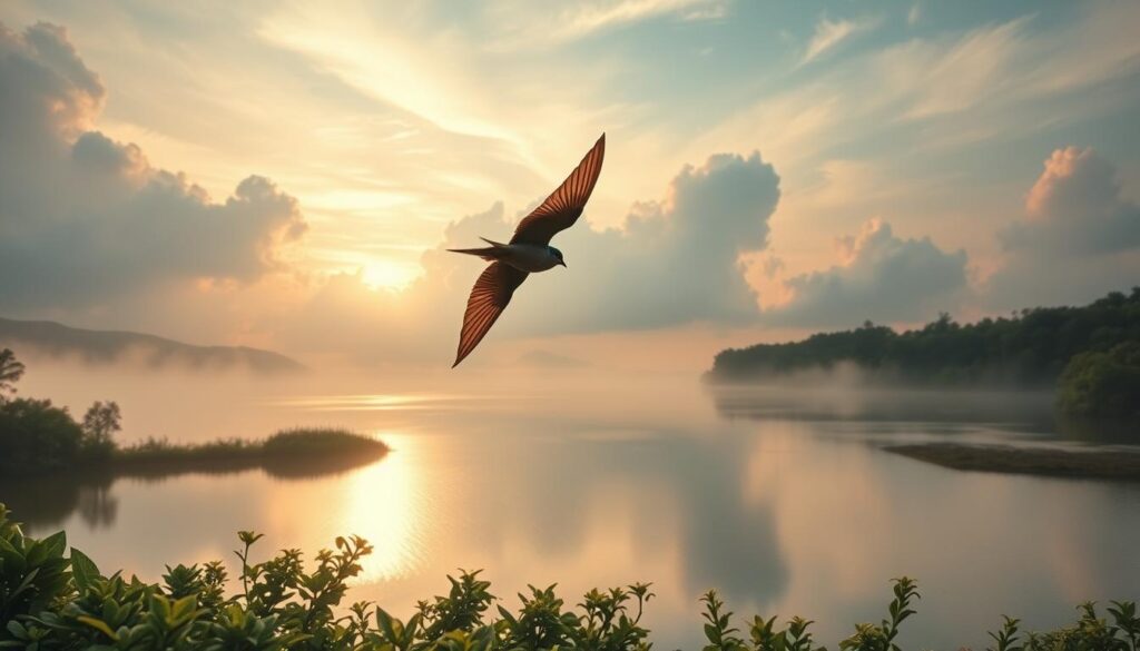 A serene dream landscape at dawn, with a swift bird soaring gracefully across a shimmering, cloud-mirrored lake. The sky is painted in soft pastel hues, reflecting the tranquility of the moment. In the foreground, a tranquil lake surrounded by lush, verdant foliage. The swift's flight is captured in a sharp, dynamic pose, its wings outstretched, seemingly frozen in time. The lighting is soft and diffused, creating a dreamlike atmosphere. The scene is captured through a wide-angle lens, allowing the viewer to fully immerse themselves in the serene and contemplative mood, inviting them to ponder the symbolic meaning of the swift's journey through the dream realm. A serene dream landscape at dawn, with a swift bird soaring gracefully across a shimmering, cloud-mirrored lake. The sky is painted in soft pastel hues, reflecting the tranquility of the moment. In the foreground, a tranquil lake surrounded by lush, verdant foliage. The swift's flight is captured in a sharp, dynamic pose, its wings outstretched, seemingly frozen in time. The lighting is soft and diffused, creating a dreamlike atmosphere. The scene is captured through a wide-angle lens, allowing the viewer to fully immerse themselves in the serene and contemplative mood, inviting them to ponder the symbolic meaning of the swift's journey through the dream realm.