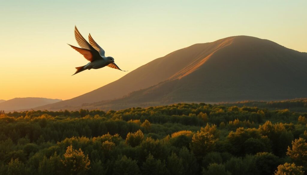 A serene, dreamlike landscape at dusk. In the foreground, a swift bird soars gracefully through the air, its wings outstretched in a fluid, mesmerizing motion. The bird is rendered in a hyper-realistic, almost ethereal style, capturing the essence of its swift, ephemeral nature. In the middle ground, a lush, verdant forest stretches out, with the warm, golden hues of the setting sun filtering through the canopy. The background is dominated by a majestic, rolling hill, its silhouette casting a tranquil, contemplative shadow over the scene. The overall atmosphere is one of quiet introspection and the exploration of the symbolic meaning of the swift, a bird often associated with speed, agility, and the subconscious. A serene, dreamlike landscape at dusk. In the foreground, a swift bird soars gracefully through the air, its wings outstretched in a fluid, mesmerizing motion. The bird is rendered in a hyper-realistic, almost ethereal style, capturing the essence of its swift, ephemeral nature. In the middle ground, a lush, verdant forest stretches out, with the warm, golden hues of the setting sun filtering through the canopy. The background is dominated by a majestic, rolling hill, its silhouette casting a tranquil, contemplative shadow over the scene. The overall atmosphere is one of quiet introspection and the exploration of the symbolic meaning of the swift, a bird often associated with speed, agility, and the subconscious.