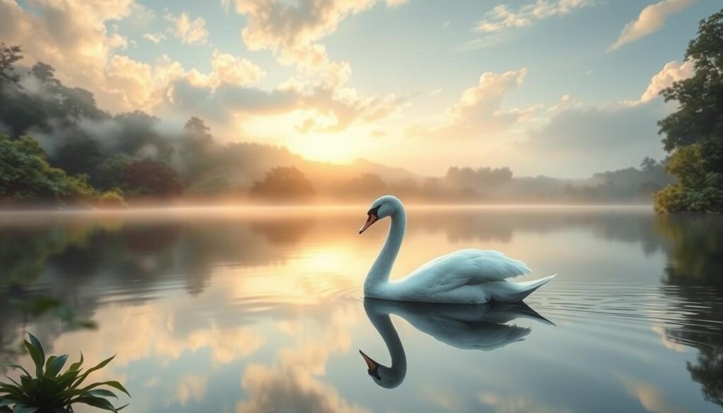 A serene, dreamlike scene of a swan gracefully gliding across a tranquil pond. The swan's elegant form is reflected in the still, mirror-like surface, creating a sense of ethereal duality. Soft, diffused lighting filters through wispy clouds, casting a warm, golden glow over the idyllic landscape. Lush, verdant foliage surrounds the pond, adding depth and a sense of natural harmony. The overall atmosphere is one of peaceful contemplation, inviting the viewer to immerse themselves in the calming, meditative quality of the swan's dreamlike presence.