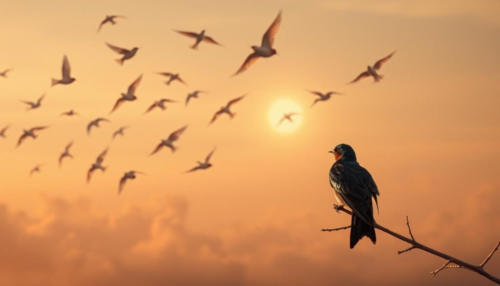 A serene dreamscape unfolds, where a flock of graceful swallows dance through the sky, their wings catching the warm glow of the setting sun. In the foreground, a single swallow rests on a delicate branch, its ebony feathers iridescent against the soft, muted tones of the background. The scene exudes a sense of tranquility and contemplation, inviting the viewer to ponder the symbolic meaning of the swallow's presence in this dreamlike vision. Wispy clouds drift across the horizon, adding depth and a sense of timelessness to the composition. The overall mood is one of introspection and the discovery of hidden meanings within the subconscious. A serene dreamscape unfolds, where a flock of graceful swallows dance through the sky, their wings catching the warm glow of the setting sun. In the foreground, a single swallow rests on a delicate branch, its ebony feathers iridescent against the soft, muted tones of the background. The scene exudes a sense of tranquility and contemplation, inviting the viewer to ponder the symbolic meaning of the swallow's presence in this dreamlike vision. Wispy clouds drift across the horizon, adding depth and a sense of timelessness to the composition. The overall mood is one of introspection and the discovery of hidden meanings within the subconscious.