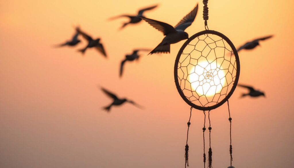 A serene dreamscape, with a flock of swallows gracefully gliding through the tranquil sky. The birds are captured in mid-flight, their wings outstretched against a warm, golden-hued sunset. In the foreground, a dreamcatcher hangs delicately, its intricate web-like pattern suggesting the symbolic connection between the swallows and the subconscious. The background is subtly blurred, creating a sense of depth and focus on the central elements. The lighting is soft and diffused, evoking a sense of introspection and inner reflection. The overall mood is one of contemplation and the exploration of the deeper meanings that lie within the swallow's symbolic representation in dreams. A serene dreamscape, with a flock of swallows gracefully gliding through the tranquil sky. The birds are captured in mid-flight, their wings outstretched against a warm, golden-hued sunset. In the foreground, a dreamcatcher hangs delicately, its intricate web-like pattern suggesting the symbolic connection between the swallows and the subconscious. The background is subtly blurred, creating a sense of depth and focus on the central elements. The lighting is soft and diffused, evoking a sense of introspection and inner reflection. The overall mood is one of contemplation and the exploration of the deeper meanings that lie within the swallow's symbolic representation in dreams.
