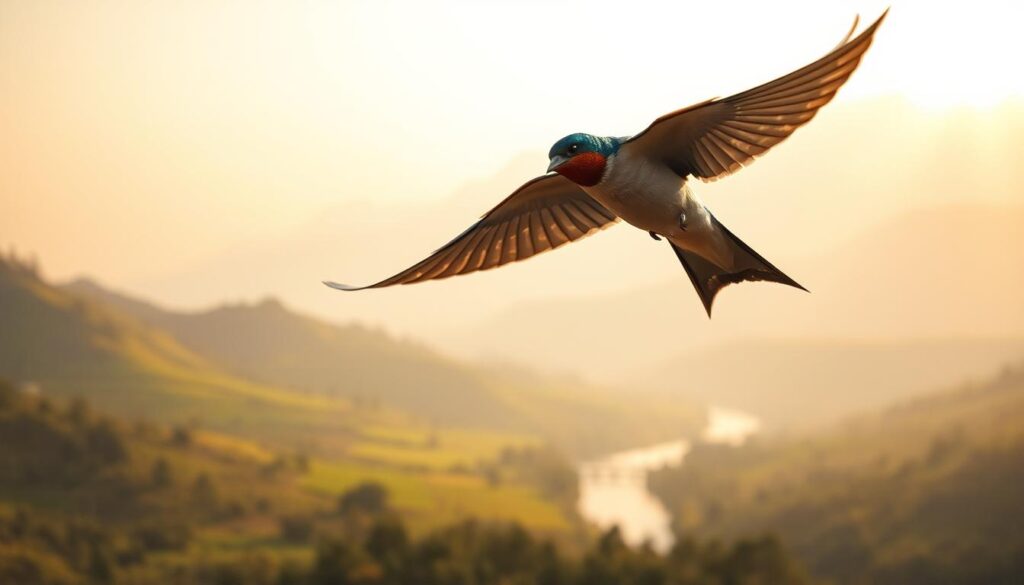 A serene dreamscape with a graceful swallow in flight, its wings outstretched against a soft, ethereal sky. The bird hovers in the foreground, its plumage iridescent and vibrant. In the middle ground, a lush, verdant landscape with gently rolling hills and a winding river. The background features a hazy, atmospheric mountain range, bathed in warm, golden light. The overall mood is one of tranquility, symbolizing the deep personal meaning and spiritual significance that a swallow dream can hold. A serene dreamscape with a graceful swallow in flight, its wings outstretched against a soft, ethereal sky. The bird hovers in the foreground, its plumage iridescent and vibrant. In the middle ground, a lush, verdant landscape with gently rolling hills and a winding river. The background features a hazy, atmospheric mountain range, bathed in warm, golden light. The overall mood is one of tranquility, symbolizing the deep personal meaning and spiritual significance that a swallow dream can hold.