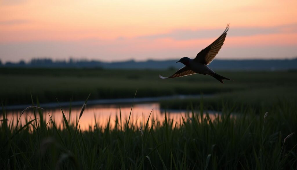 A serene meadow at dusk, with a swift bird gliding gracefully through the twilight sky. The bird's wings are outstretched, its sleek form cutting through the air with effortless precision. In the foreground, lush grass sways gently in a soft breeze, while the middle ground reveals a tranquil pond reflecting the fading daylight. In the distance, a silhouetted forest line blends into the horizon, creating a sense of depth and mystery. The overall mood is one of introspection and contemplation, inviting the viewer to ponder the deeper implications of the swift's dreamlike movements. A serene meadow at dusk, with a swift bird gliding gracefully through the twilight sky. The bird's wings are outstretched, its sleek form cutting through the air with effortless precision. In the foreground, lush grass sways gently in a soft breeze, while the middle ground reveals a tranquil pond reflecting the fading daylight. In the distance, a silhouetted forest line blends into the horizon, creating a sense of depth and mystery. The overall mood is one of introspection and contemplation, inviting the viewer to ponder the deeper implications of the swift's dreamlike movements.