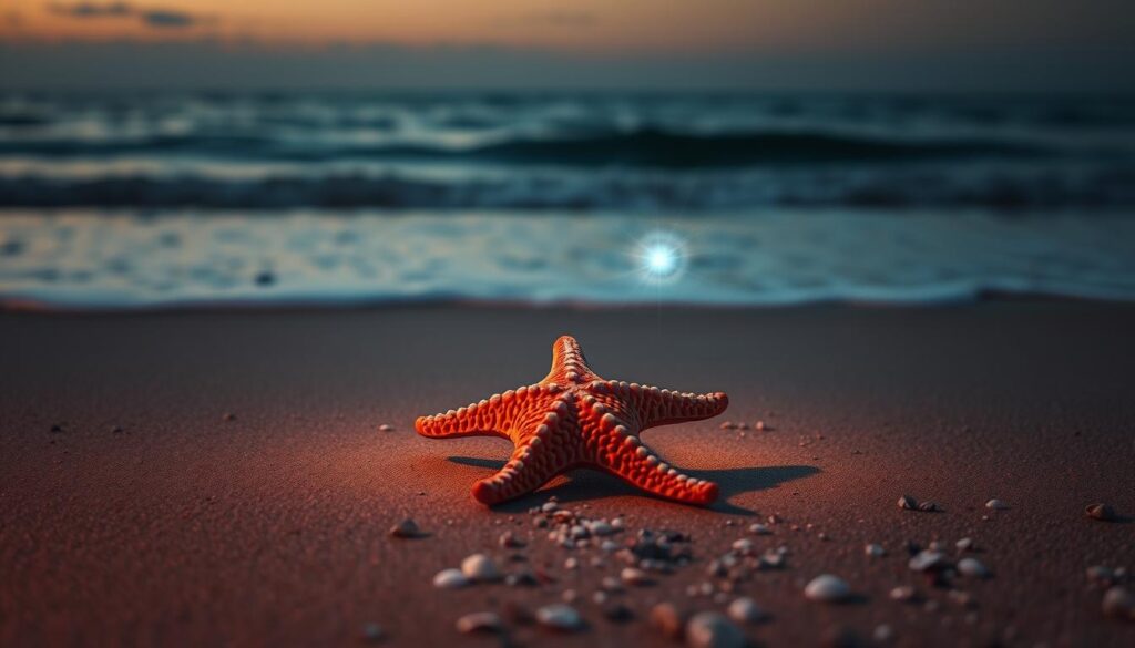 A serene ocean scene at dusk, with a starfish resting on a smooth, shell-covered beach. The starfish appears to be emitting a glowing, ethereal light, as if conveying a dreamlike message. The background features a softly lit horizon, with gentle waves lapping at the shore. The lighting is warm and ambient, creating a contemplative and mystical atmosphere. The composition places the starfish prominently in the foreground, allowing its symbolic significance to take center stage. The entire scene evokes a sense of tranquility and wonder, inviting the viewer to ponder the deeper meaning and symbolism of the starfish. A serene ocean scene at dusk, with a starfish resting on a smooth, shell-covered beach. The starfish appears to be emitting a glowing, ethereal light, as if conveying a dreamlike message. The background features a softly lit horizon, with gentle waves lapping at the shore. The lighting is warm and ambient, creating a contemplative and mystical atmosphere. The composition places the starfish prominently in the foreground, allowing its symbolic significance to take center stage. The entire scene evokes a sense of tranquility and wonder, inviting the viewer to ponder the deeper meaning and symbolism of the starfish.