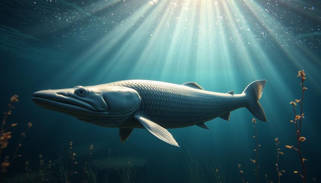 A serene underwater scene, illuminated by shimmering rays of light filtering through the water's surface. In the foreground, a majestic sturgeon gracefully swims, its scales glistening with an iridescent sheen. The sturgeon's eyes are closed, its expression peaceful and contemplative, as if lost in a profound dream. Surrounding the sturgeon, delicate aquatic plants sway with the current, creating a sense of tranquility and balance. In the middle ground, the water's depths gradually fade into a hazy, dreamlike background, suggesting a realm of subconscious exploration. The overall composition evokes a sense of introspection and the interconnectedness of the physical and spiritual realms. A serene underwater scene, illuminated by shimmering rays of light filtering through the water's surface. In the foreground, a majestic sturgeon gracefully swims, its scales glistening with an iridescent sheen. The sturgeon's eyes are closed, its expression peaceful and contemplative, as if lost in a profound dream. Surrounding the sturgeon, delicate aquatic plants sway with the current, creating a sense of tranquility and balance. In the middle ground, the water's depths gradually fade into a hazy, dreamlike background, suggesting a realm of subconscious exploration. The overall composition evokes a sense of introspection and the interconnectedness of the physical and spiritual realms.