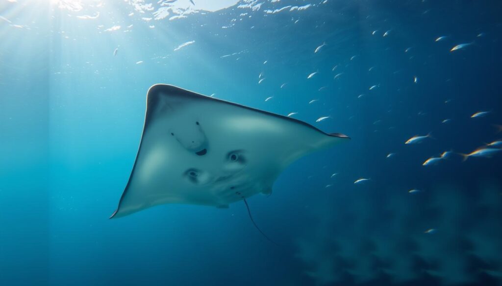 A serene underwater scene, where a majestic stingray gracefully glides through the shimmering depths. The rays' ethereal form is illuminated by a soft, diffused light, casting a dream-like glow. In the background, a school of silvery fish dart through the aquamarine waters, creating a mesmerizing dance. The ray's eyes appear to convey a sense of ancient wisdom, as if it holds a secret message from the ocean's depths. The composition is balanced, with the ray centered and filling the frame, while the surrounding elements add depth and atmosphere. Captured with a wide-angle lens, this image invites the viewer to immerse themselves in the tranquil, otherworldly realm of the stingray's dream.