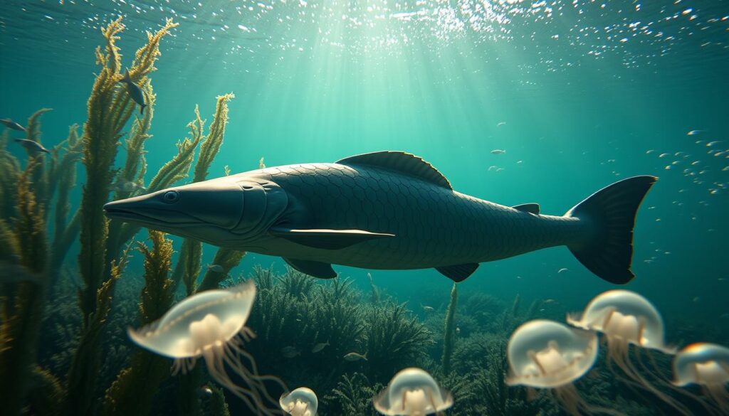 A serene underwater scene, where a majestic sturgeon glides gracefully against a backdrop of shimmering kelp and schools of silver fish. Dappled sunlight filters through the water, casting a warm, ethereal glow. The sturgeon's scaled form, a symbol of ancient knowledge and introspection, commands the viewer's attention. In the foreground, delicate jellyfish drift lazily, hinting at the depth and mystery of the subconscious realm. The composition is balanced, with a sense of calm and contemplation, inviting the viewer to ponder the symbolic significance of the sturgeon in their dreams. A serene underwater scene, where a majestic sturgeon glides gracefully against a backdrop of shimmering kelp and schools of silver fish. Dappled sunlight filters through the water, casting a warm, ethereal glow. The sturgeon's scaled form, a symbol of ancient knowledge and introspection, commands the viewer's attention. In the foreground, delicate jellyfish drift lazily, hinting at the depth and mystery of the subconscious realm. The composition is balanced, with a sense of calm and contemplation, inviting the viewer to ponder the symbolic significance of the sturgeon in their dreams.