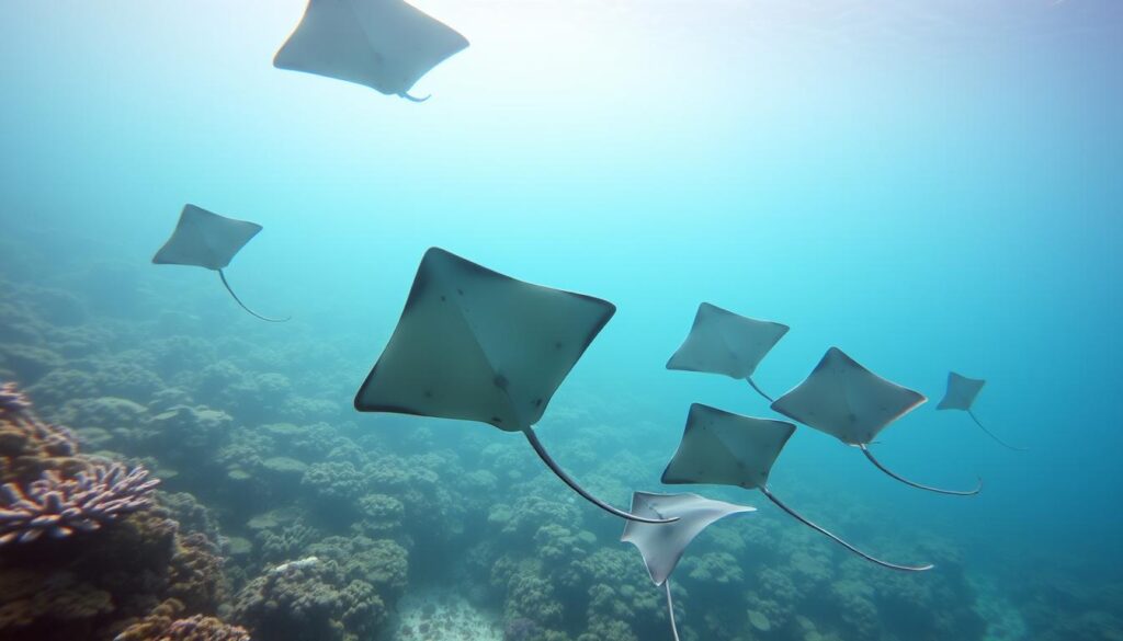 A serene underwater scene with a school of stingrays gracefully gliding through the water. In the foreground, the rays' distinctive diamond-shaped bodies and long whip-like tails are rendered in striking detail, capturing the fluid movements of these enigmatic creatures. The middle ground features a lush coral reef, its vibrant hues and intricate structures providing a natural backdrop. Rays of soft, diffused light filter through the water, creating a tranquil, dreamlike atmosphere. The background blends seamlessly into the deep blue-green depths, hinting at the vast, mysterious world of the ocean. The overall composition evokes a sense of wonder and connection with the natural world, reflecting the common themes and patterns found in stingray dreams.