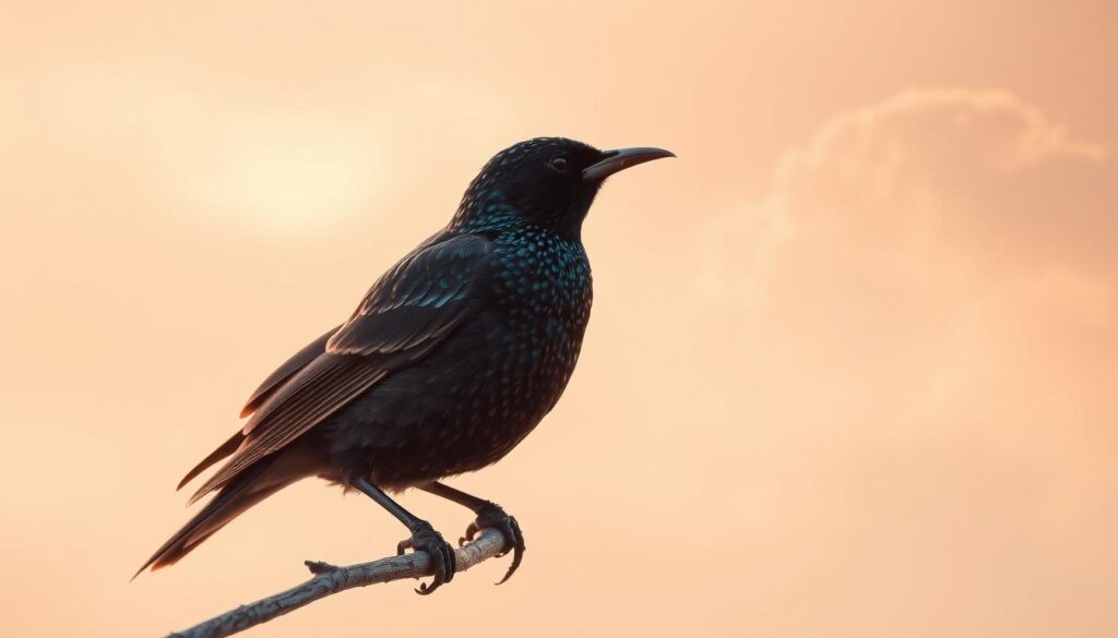 A starling perched on a branch, its iridescent feathers shimmering in the soft, golden light of dawn. In the background, a hazy, ethereal dreamscape unfolds, with wispy clouds drifting across a pastel sky. The bird's eyes are closed, its beak slightly open, as if delivering a message from the realm of dreams. The scene exudes a sense of tranquility and spiritual resonance, inviting the viewer to ponder the symbolic significance of the starling's dream-state.
