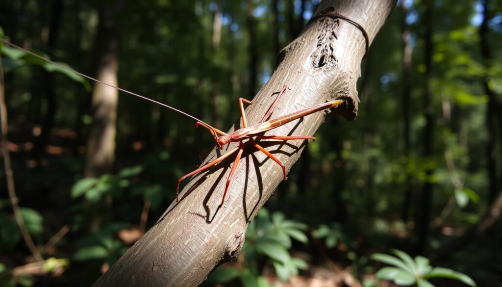 A stick insect resting on a branch, its camouflaged body perfectly blending with the bark. The intricate details of its segmented limbs and antennae are clearly visible, conveying the creature's remarkable adaptability. The lighting is soft and natural, casting subtle shadows that enhance the insect's texture and form. The background is a serene forest scene, with lush greenery and dappled sunlight filtering through the canopy, creating a peaceful, contemplative atmosphere that reflects the stick insect's patient and resilient nature.