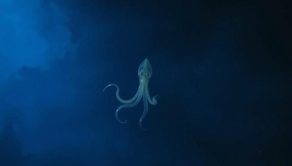 A surreal, dreamlike scene with a squid swimming through a vast, oceanic expanse. Soft, ambient lighting casts a hazy, ethereal glow, creating an atmosphere of tranquility and contemplation. The squid's tentacles gracefully undulate, almost as if the creature is dancing or communicating in a non-verbal, subconscious manner. The background is a deep, indigo-tinged seascape, with hints of bioluminescent plankton drifting in the currents. The perspective is slightly elevated, allowing the viewer to observe the scene from a detached, almost mystical vantage point, as if witnessing the unfolding of a profound, symbolic dream. A surreal, dreamlike scene with a squid swimming through a vast, oceanic expanse. Soft, ambient lighting casts a hazy, ethereal glow, creating an atmosphere of tranquility and contemplation. The squid's tentacles gracefully undulate, almost as if the creature is dancing or communicating in a non-verbal, subconscious manner. The background is a deep, indigo-tinged seascape, with hints of bioluminescent plankton drifting in the currents. The perspective is slightly elevated, allowing the viewer to observe the scene from a detached, almost mystical vantage point, as if witnessing the unfolding of a profound, symbolic dream.
