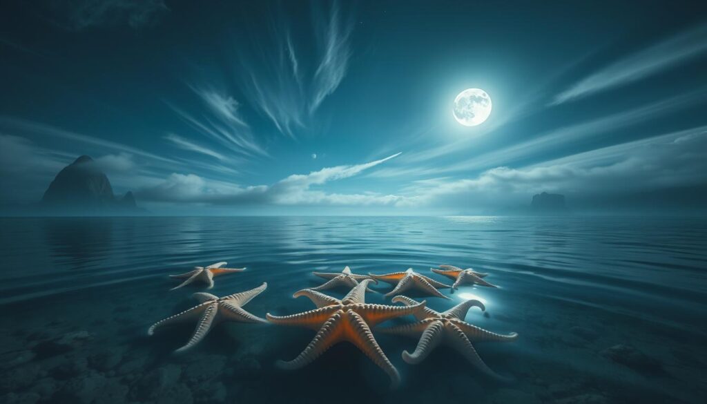 A surreal, dreamlike seascape under a night sky. In the foreground, a cluster of luminescent starfish drift in a tranquil, ethereal pool, their tentacles swaying gently. In the middle ground, wispy clouds part to reveal a full moon casting a soft, silvery glow across the scene. In the background, distant rocky cliffs rise from the dark waters, their silhouettes hazy and indistinct. The overall atmosphere is one of profound stillness and mystical enchantment, as if the starfish themselves hold some hidden omen or portent. Captured with a wide-angle lens and natural lighting to emphasize the sense of wonder and mystery. A surreal, dreamlike seascape under a night sky. In the foreground, a cluster of luminescent starfish drift in a tranquil, ethereal pool, their tentacles swaying gently. In the middle ground, wispy clouds part to reveal a full moon casting a soft, silvery glow across the scene. In the background, distant rocky cliffs rise from the dark waters, their silhouettes hazy and indistinct. The overall atmosphere is one of profound stillness and mystical enchantment, as if the starfish themselves hold some hidden omen or portent. Captured with a wide-angle lens and natural lighting to emphasize the sense of wonder and mystery.
