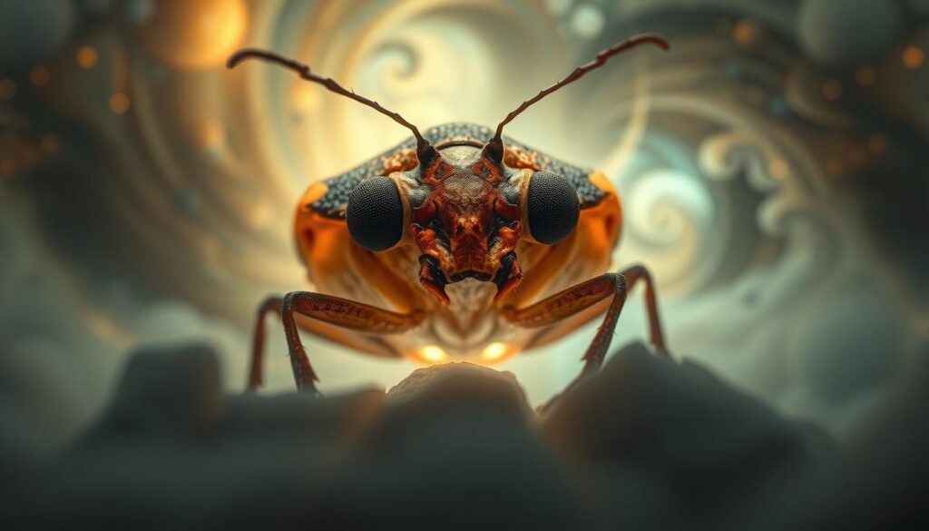 A surreal dreamscape featuring a giant stink bug as the central focus. The insect's compound eyes are half-closed, giving it a contemplative, almost meditative expression. The bug's carapace emits a faint glow, suggesting an otherworldly presence. In the background, a swirling nebula of colors and abstract shapes creates a mystical, ethereal atmosphere. Soft lighting and a shallow depth of field draw the viewer's attention to the stink bug's intricate details. The overall tone evokes a sense of introspection and the exploration of subconscious symbolism. A surreal dreamscape featuring a giant stink bug as the central focus. The insect's compound eyes are half-closed, giving it a contemplative, almost meditative expression. The bug's carapace emits a faint glow, suggesting an otherworldly presence. In the background, a swirling nebula of colors and abstract shapes creates a mystical, ethereal atmosphere. Soft lighting and a shallow depth of field draw the viewer's attention to the stink bug's intricate details. The overall tone evokes a sense of introspection and the exploration of subconscious symbolism.