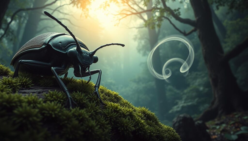 A surreal dreamscape featuring a giant stink bug, its compound eyes glistening with introspective contemplation. In the foreground, the insect reclines on a plush, verdant mosscovered log, its armored carapace casting dynamic shadows. In the middle ground, wispy, ethereal tendrils of mist swirl, hinting at the subconscious realm. The background depicts a lush, primordial forest, with towering trees and a diffused, warm celestial glow filtering through the canopy, creating an atmosphere of deep introspection. Soft, diffused lighting illuminates the scene, evoking a sense of inner exploration and symbolic meaning. A surreal dreamscape featuring a giant stink bug, its compound eyes glistening with introspective contemplation. In the foreground, the insect reclines on a plush, verdant mosscovered log, its armored carapace casting dynamic shadows. In the middle ground, wispy, ethereal tendrils of mist swirl, hinting at the subconscious realm. The background depicts a lush, primordial forest, with towering trees and a diffused, warm celestial glow filtering through the canopy, creating an atmosphere of deep introspection. Soft, diffused lighting illuminates the scene, evoking a sense of inner exploration and symbolic meaning.