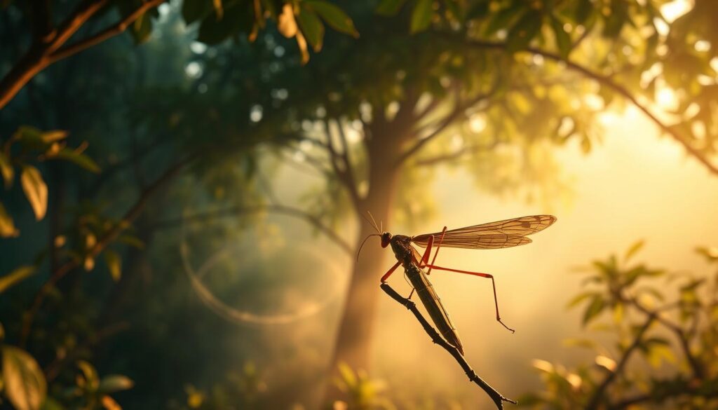 A surreal dreamscape featuring a stick insect perched amidst a lush, verdant landscape. Filtered golden light filters through the canopy, casting a warm, contemplative glow. The insect's compound eyes appear deep in thought, as if pondering the hidden meanings of its subconscious visions. In the middle ground, ethereal wisps of mist swirl, blurring the boundaries between reality and dream. The background gradually fades into a hazy, indistinct realm, evoking a sense of the liminal and the mysterious. Soft, diffused shadows lend an air of tranquility and introspection to the scene.