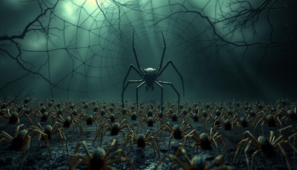 A surreal dreamscape of recurring spider motifs. In the foreground, a swarm of gently crawling arachnids, their intricate legs casting delicate shadows. The middle ground features a towering, spectral spider figure, its multiple eyes glowing with an otherworldly intensity. In the distant background, a web-like pattern of tangled vines and branches creates a sense of eerie entrapment. Soft, moody lighting illuminates the scene, casting an unsettling, almost hypnotic atmosphere. The overall impression is one of deep symbolic significance, hinting at the subconscious fears and hidden meanings lurking within the spider dream. A surreal dreamscape of recurring spider motifs. In the foreground, a swarm of gently crawling arachnids, their intricate legs casting delicate shadows. The middle ground features a towering, spectral spider figure, its multiple eyes glowing with an otherworldly intensity. In the distant background, a web-like pattern of tangled vines and branches creates a sense of eerie entrapment. Soft, moody lighting illuminates the scene, casting an unsettling, almost hypnotic atmosphere. The overall impression is one of deep symbolic significance, hinting at the subconscious fears and hidden meanings lurking within the spider dream.