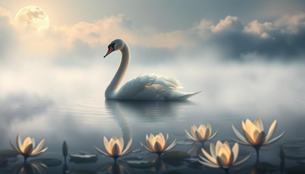 A surreal dreamscape with a majestic swan gliding through a misty, ethereal pond. The swan's feathers shimmer with an otherworldly glow, reflecting the moonlight that filters through gossamer clouds. In the foreground, delicate lilies float atop the still waters, their petals seemingly infused with a subtle luminescence. The background is shrouded in a soft, hazy atmosphere, with the horizon blending seamlessly into a realm of mystery and wonder. A sense of tranquility and premonition permeates the scene, hinting at the swan's symbolic role as a harbinger of prophetic dreams.