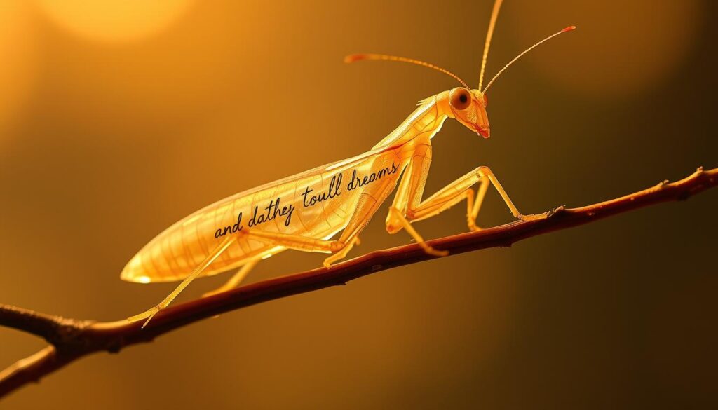 A surreal scene of a detailed stick insect, its translucent body seemingly carrying a handwritten message in its dreams. The insect is perched on a delicate branch, with a soft, hazy background that evokes a dreamlike state. Warm, diffused lighting casts a gentle glow, highlighting the intricate textures and patterns of the insect's form. The message appears to be written in a cursive script, conveying a sense of mystery and intrigue. The overall composition suggests a contemplative, ethereal atmosphere, inviting the viewer to ponder the symbolic significance of the stick insect's dream.