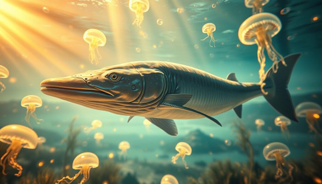 A surreal underwater scene unfolds, where a colossal sturgeon swims amidst a dreamscape of ethereal jellyfish and shimmering, iridescent bubbles. The sturgeon's eyes are closed, conveying a sense of tranquil contemplation. Beams of soft, golden light filter through the water, casting a warm, almost mystical glow on the scene. In the background, a blurred, abstract landscape suggests a realm of subconscious realms. The overall atmosphere is one of profound inner reflection, as if the sturgeon's dream holds a powerful message for the viewer. A surreal underwater scene unfolds, where a colossal sturgeon swims amidst a dreamscape of ethereal jellyfish and shimmering, iridescent bubbles. The sturgeon's eyes are closed, conveying a sense of tranquil contemplation. Beams of soft, golden light filter through the water, casting a warm, almost mystical glow on the scene. In the background, a blurred, abstract landscape suggests a realm of subconscious realms. The overall atmosphere is one of profound inner reflection, as if the sturgeon's dream holds a powerful message for the viewer.