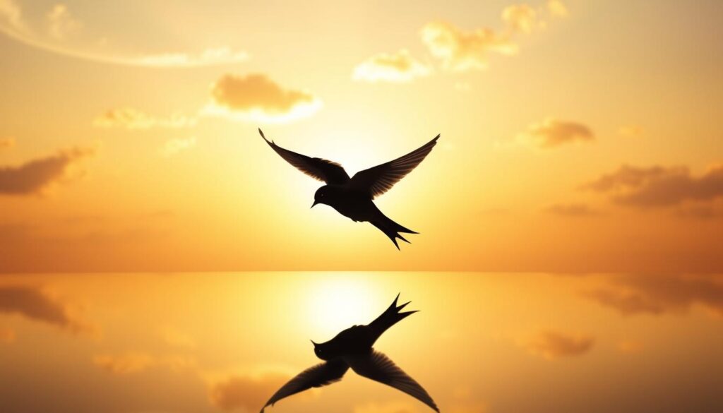 A tranquil, ethereal scene of a swallow in flight against a warm, golden sky. The bird's graceful, outstretched wings are silhouetted, capturing its effortless, spiritual ascent. In the foreground, a serene, reflective pool mirrors the avian form, creating a sense of duality and contemplation. Wispy clouds drift overhead, evoking a meditative, dream-like atmosphere. Soft, diffused lighting bathes the entire composition, imbuing the image with a sense of transcendence and the divine. The overall impression conveys the swallow's symbolic connection to the soul's journey, inner wisdom, and spiritual renewal. A tranquil, ethereal scene of a swallow in flight against a warm, golden sky. The bird's graceful, outstretched wings are silhouetted, capturing its effortless, spiritual ascent. In the foreground, a serene, reflective pool mirrors the avian form, creating a sense of duality and contemplation. Wispy clouds drift overhead, evoking a meditative, dream-like atmosphere. Soft, diffused lighting bathes the entire composition, imbuing the image with a sense of transcendence and the divine. The overall impression conveys the swallow's symbolic connection to the soul's journey, inner wisdom, and spiritual renewal.