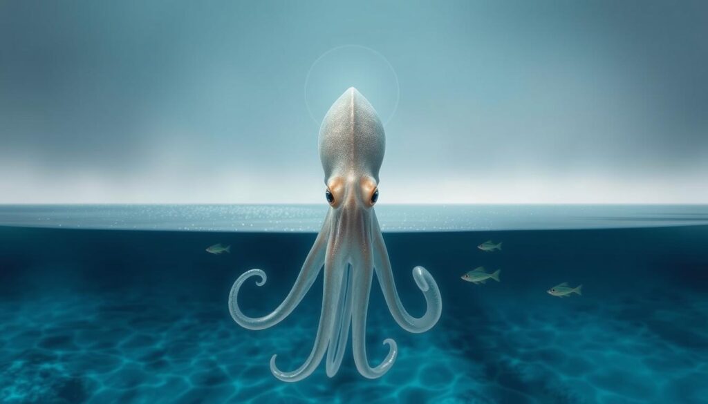 A tranquil, ethereal seascape with a majestic squid emerging from the depths. In the foreground, the squid's translucent tentacles gracefully undulate, conveying a sense of mystical, otherworldly energy. The squid's eyes are serene and introspective, hinting at hidden wisdom and spiritual insights. In the middle ground, shimmering schools of fish dart through the luminous, azure waters, creating a sense of harmonious movement. The background is a hazy, dreamlike horizon, with muted tones of indigo and violet, evoking a meditative, introspective atmosphere. Soft, diffused lighting casts a soothing, ambient glow, enhancing the squid's ethereal presence. The composition is balanced and symmetrical, conveying a sense of harmony and tranquility. A tranquil, ethereal seascape with a majestic squid emerging from the depths. In the foreground, the squid's translucent tentacles gracefully undulate, conveying a sense of mystical, otherworldly energy. The squid's eyes are serene and introspective, hinting at hidden wisdom and spiritual insights. In the middle ground, shimmering schools of fish dart through the luminous, azure waters, creating a sense of harmonious movement. The background is a hazy, dreamlike horizon, with muted tones of indigo and violet, evoking a meditative, introspective atmosphere. Soft, diffused lighting casts a soothing, ambient glow, enhancing the squid's ethereal presence. The composition is balanced and symmetrical, conveying a sense of harmony and tranquility.