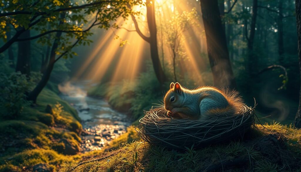 A tranquil forest clearing at dawn, with a slumbering squirrel curled up in a cozy nest. Beams of warm golden light filter through the canopy, casting a dreamy, ethereal glow. The squirrel's twitching paws and flicking tail suggest it is deep in a whimsical dream, its subconscious mind exploring themes of abundance, preparation, and the natural cycles of life. In the background, a meandering stream reflects the verdant foliage, and wisps of mist rise from the forest floor, evoking a sense of mystery and the unseen forces that guide our dreams. The overall scene conveys a sense of peace, wonder, and the profound connection between our waking and dreaming selves. A tranquil forest clearing at dawn, with a slumbering squirrel curled up in a cozy nest. Beams of warm golden light filter through the canopy, casting a dreamy, ethereal glow. The squirrel's twitching paws and flicking tail suggest it is deep in a whimsical dream, its subconscious mind exploring themes of abundance, preparation, and the natural cycles of life. In the background, a meandering stream reflects the verdant foliage, and wisps of mist rise from the forest floor, evoking a sense of mystery and the unseen forces that guide our dreams. The overall scene conveys a sense of peace, wonder, and the profound connection between our waking and dreaming selves.
