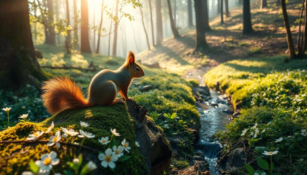 A tranquil forest glade, sunlight filtering through the canopy, casting a warm, ethereal glow. In the foreground, a serene squirrel sits on a mossy log, eyes closed in deep contemplation, its bushy tail curled around it protectively. Surrounding the squirrel, delicate flowers bloom, their petals seeming to dance in a gentle breeze. In the middle ground, a small, crystalline stream winds its way through the lush undergrowth, its calming murmur echoing the squirrel's meditative state. In the distance, a misty, wooded hillside recedes, hinting at the mystical, spiritual realm beyond. The scene exudes a sense of harmony, balance, and the interconnectedness of all things. A tranquil forest glade, sunlight filtering through the canopy, casting a warm, ethereal glow. In the foreground, a serene squirrel sits on a mossy log, eyes closed in deep contemplation, its bushy tail curled around it protectively. Surrounding the squirrel, delicate flowers bloom, their petals seeming to dance in a gentle breeze. In the middle ground, a small, crystalline stream winds its way through the lush undergrowth, its calming murmur echoing the squirrel's meditative state. In the distance, a misty, wooded hillside recedes, hinting at the mystical, spiritual realm beyond. The scene exudes a sense of harmony, balance, and the interconnectedness of all things.