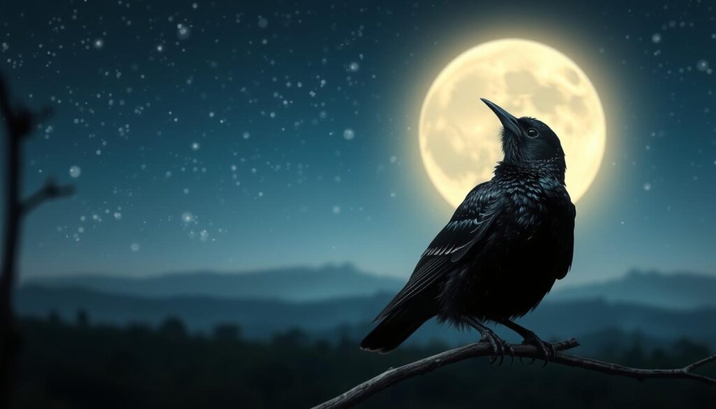 A tranquil nocturnal scene, a starling perched on a branch, its iridescent feathers shimmering in the moonlight. The bird's head tilts inquisitively, as if listening to a message from the spirit realm. In the background, a starry sky stretches out, infused with a sense of ethereal wonder. The composition is balanced, with the starling occupying the central focus, yet the surrounding landscape creating a dreamlike, mystical atmosphere. Soft, diffused lighting illuminates the scene, casting subtle shadows and highlighting the bird's delicate features. The overall mood is one of introspection and spiritual connection, inviting the viewer to ponder the symbolic meaning of the starling's presence in the dream.