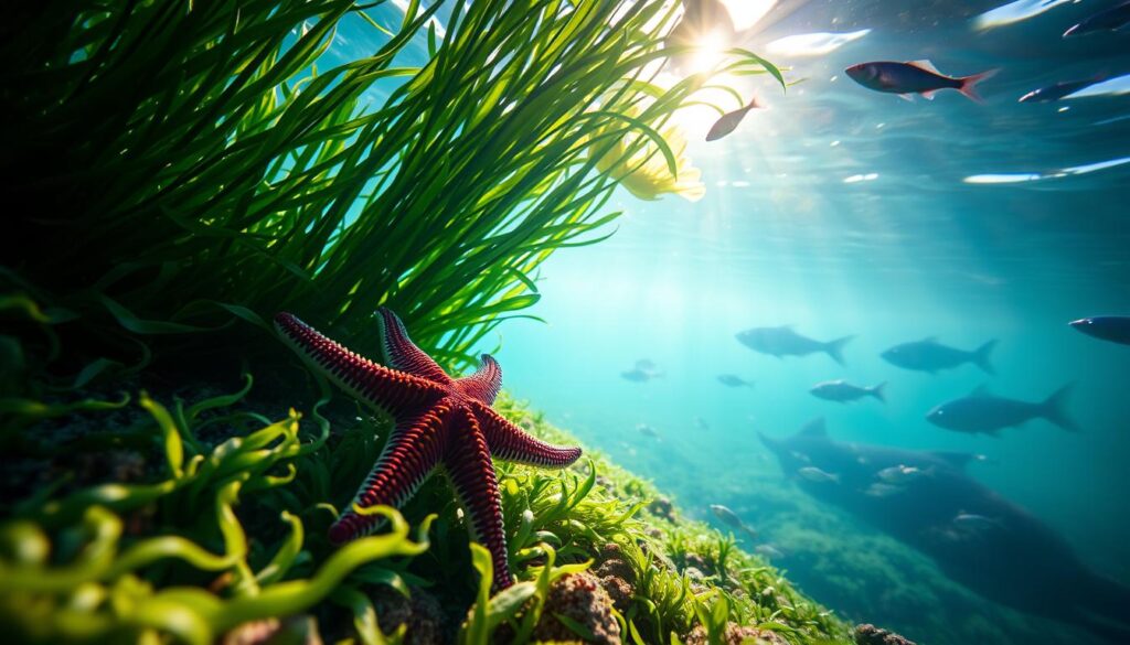 A tranquil undersea scene, illuminated by soft, ethereal lighting. In the foreground, a vibrant starfish rests on a bed of lush, swaying seaweed, its five graceful arms radiating a sense of balance and harmony. Dappled sunlight filters through the water, casting gentle shadows and highlights that accentuate the starfish's intricate texture and vivid coloration. In the middle ground, schools of small, iridescent fish dart through the water, adding a sense of movement and life to the composition. In the distant background, the silhouettes of larger marine creatures can be glimpsed, hinting at the rich biodiversity of the underwater realm. The overall atmosphere conveys a sense of serenity, introspection, and the powerful symbolism of the starfish in dreams. A tranquil undersea scene, illuminated by soft, ethereal lighting. In the foreground, a vibrant starfish rests on a bed of lush, swaying seaweed, its five graceful arms radiating a sense of balance and harmony. Dappled sunlight filters through the water, casting gentle shadows and highlights that accentuate the starfish's intricate texture and vivid coloration. In the middle ground, schools of small, iridescent fish dart through the water, adding a sense of movement and life to the composition. In the distant background, the silhouettes of larger marine creatures can be glimpsed, hinting at the rich biodiversity of the underwater realm. The overall atmosphere conveys a sense of serenity, introspection, and the powerful symbolism of the starfish in dreams.