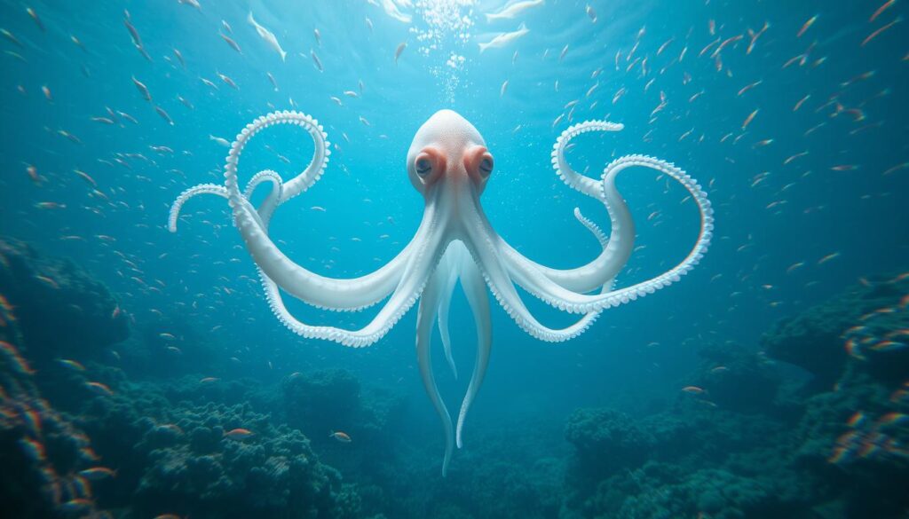 A tranquil underwater scene, with a giant squid suspended in a meditative trance, its tentacles undulating in a spiritual dance. The creature's eyes are closed, its body glowing with an ethereal bioluminescence. In the background, schools of vibrant fish dart through a kaleidoscope of coral formations, creating a sense of mystical harmony. The lighting is soft and diffused, casting a serene, dreamlike atmosphere. The camera angle is from below, giving the viewer a sense of awe and reverence towards the majestic, otherworldly presence of the squid. A tranquil underwater scene, with a giant squid suspended in a meditative trance, its tentacles undulating in a spiritual dance. The creature's eyes are closed, its body glowing with an ethereal bioluminescence. In the background, schools of vibrant fish dart through a kaleidoscope of coral formations, creating a sense of mystical harmony. The lighting is soft and diffused, casting a serene, dreamlike atmosphere. The camera angle is from below, giving the viewer a sense of awe and reverence towards the majestic, otherworldly presence of the squid.