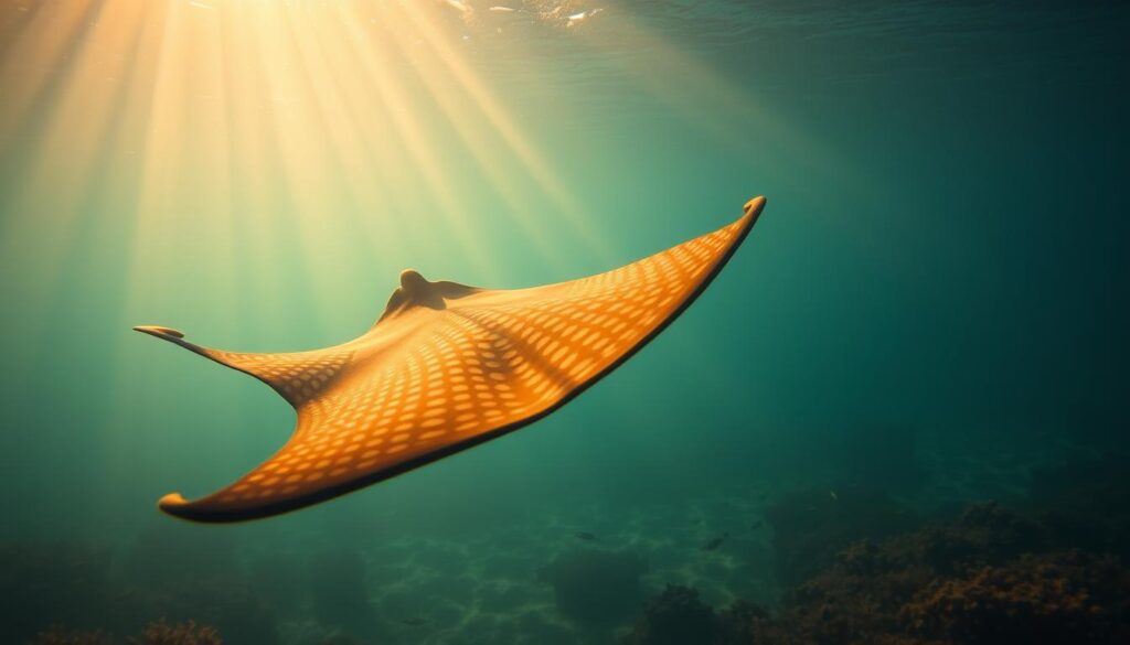 A tranquil underwater scene with a majestic stingray gracefully gliding through the crystalline waters, its flowing movements evoking a sense of mysticism and dreamlike serenity. The stingray's patterned wings appear to undulate, mirroring the gentle swaying of the surrounding kelp and coral formations. Shafts of warm, golden light filter down from the surface, casting a soft, ethereal glow that envelops the scene. In the background, distant silhouettes of schools of fish dart through the hazy depths, adding to the contemplative, meditative atmosphere. The overall composition conveys a dreamlike interpretation of the stingray's symbolic significance, inviting the viewer to ponder the deeper meanings and spiritual insights that this enigmatic creature may represent.