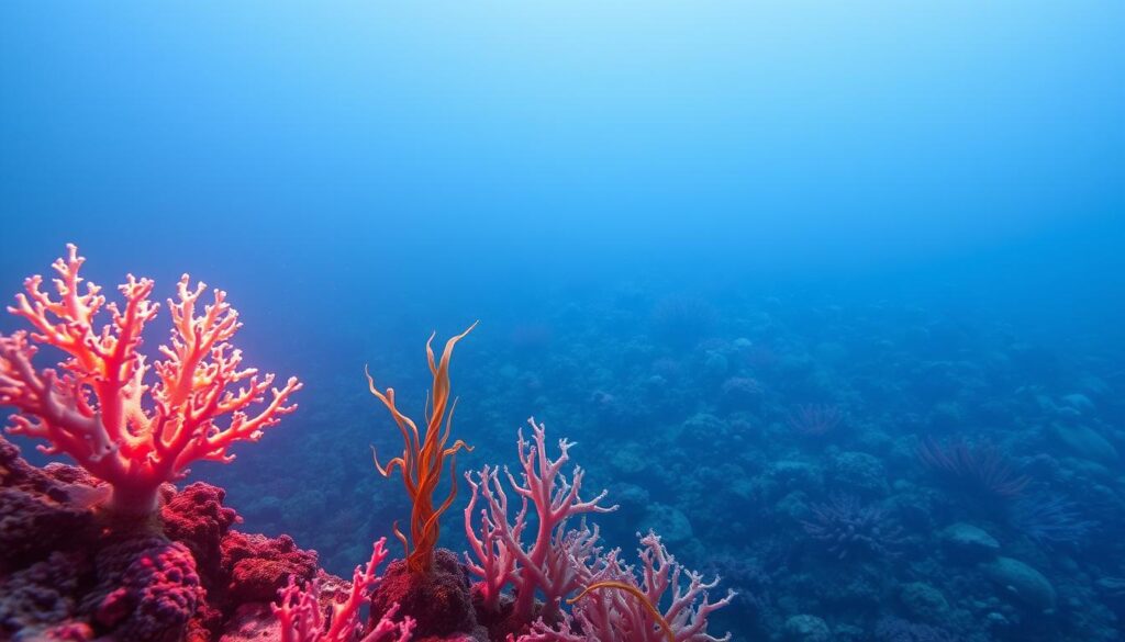 A vibrant, mystical seascape illuminated by soft, ethereal lighting. In the foreground, a stunning display of luminous coral formations, their intricate structures radiating a spiritual energy. Delicate strands of vibrant seaweed sway gently in the current, their graceful movements evoking a sense of ancient wisdom. The middle ground features a kaleidoscope of vibrant marine life, their colors and patterns embodying the symbiotic harmony of the underwater realm. In the distance, the horizon blends seamlessly with the serene, reflective waters, creating an atmosphere of tranquility and contemplation. Captured through a wide-angle lens, this image invites the viewer to immerse themselves in the profound symbolism of coral and seaweed, connecting to the deeper spiritual significance of the oceanic dreamscape. A vibrant, mystical seascape illuminated by soft, ethereal lighting. In the foreground, a stunning display of luminous coral formations, their intricate structures radiating a spiritual energy. Delicate strands of vibrant seaweed sway gently in the current, their graceful movements evoking a sense of ancient wisdom. The middle ground features a kaleidoscope of vibrant marine life, their colors and patterns embodying the symbiotic harmony of the underwater realm. In the distance, the horizon blends seamlessly with the serene, reflective waters, creating an atmosphere of tranquility and contemplation. Captured through a wide-angle lens, this image invites the viewer to immerse themselves in the profound symbolism of coral and seaweed, connecting to the deeper spiritual significance of the oceanic dreamscape.