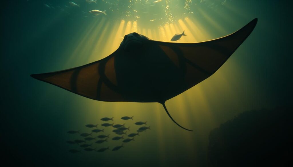 Detailed scene of a serene, dimly lit underwater realm. In the foreground, a majestic stingray hovers gracefully, its ethereal wings casting mesmerizing shadows. The creature's eyes convey a sense of ancient wisdom and spiritual connection. The middle ground features a school of smaller fish, their movements flowing in harmonious patterns, symbolic of the interconnectedness of all life. The background is shrouded in a hazy, mystical glow, evoking a sense of the divine and the otherworldly. Warm, diffused lighting illuminates the scene, creating an atmosphere of tranquility and introspection. The overall composition and mood suggest the profound spiritual significance of stingray dreams.