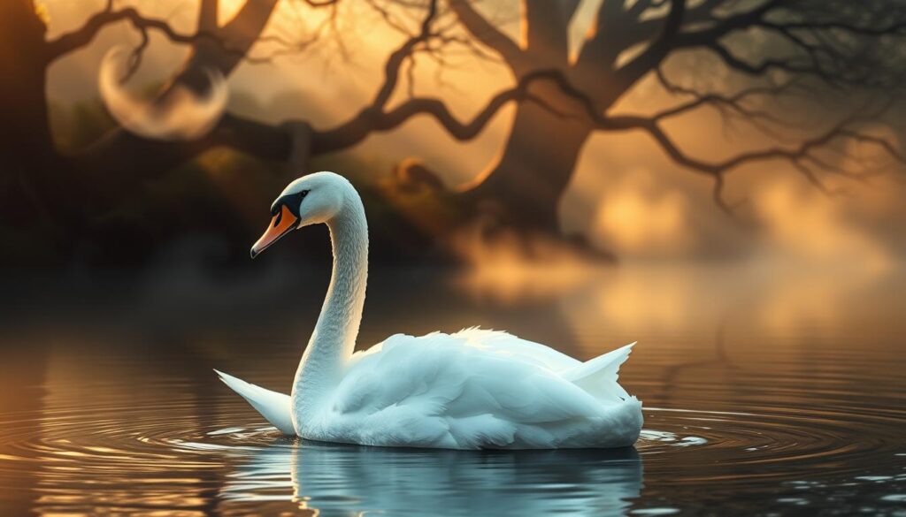 Ethereal swan gliding gracefully across a serene pond, its feathers shimmering in the soft, golden light. In the background, a mystical forest backdrop with swirling mist and ancient trees, conveying a sense of spiritual connection. The swan's expression is tranquil and contemplative, its eyes reflecting the wisdom of nature. The composition is balanced, with the swan positioned in the center, evoking a sense of inner peace and harmony. The overall atmosphere is one of reverence and awe, capturing the symbolic essence of the swan as a representation of grace, purity, and higher consciousness.