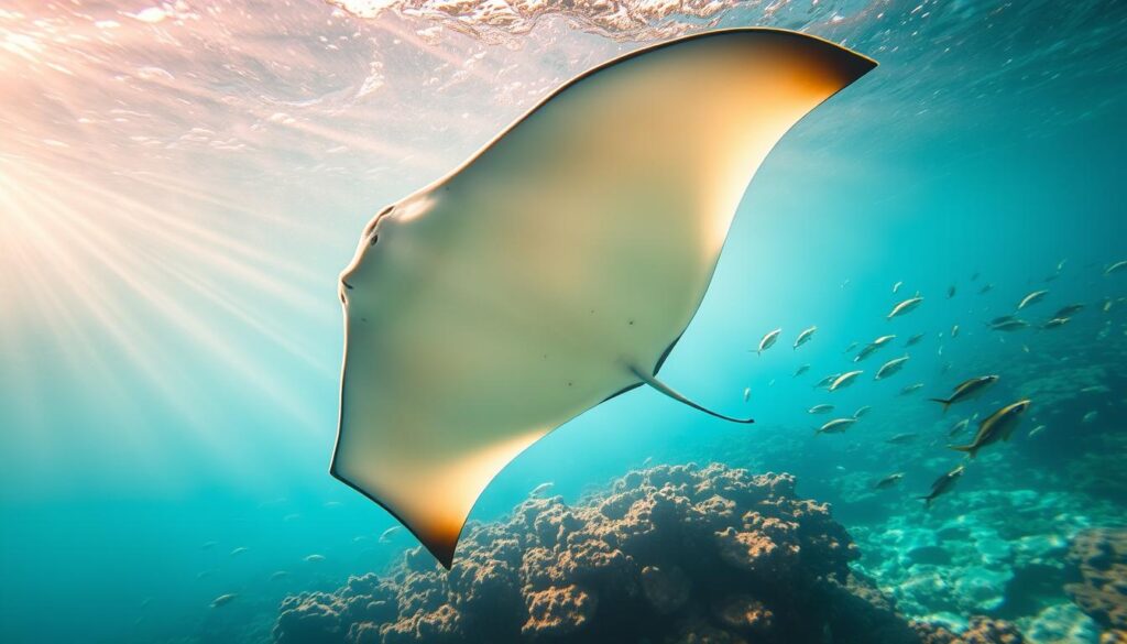 Prompt A majestic stingray soaring gracefully through a vibrant underwater seascape, its ethereal wings fluidly moving through the crystal-clear waters. The creature's serene gaze radiates a sense of ancient wisdom and spiritual connection. Shafts of warm, golden light filter down from the surface, casting a mystical glow on the scene. Schools of tropical fish dart around the stingray, creating a mesmerizing dance of life. The lush coral reef in the background adds depth and a sense of the stingray's natural habitat. Captured with a wide-angle lens to emphasize the grandeur and tranquility of this spiritual encounter.