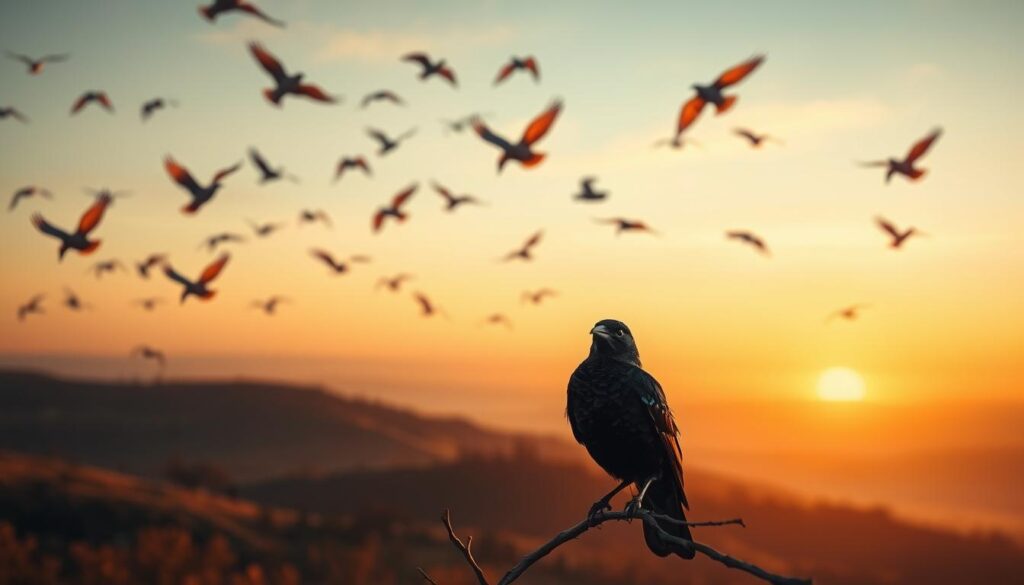 Prompt A serene dreamscape, with a flock of starlings gracefully gliding through a twilight sky. The birds' iridescent feathers catch the warm, golden light, creating a mesmerizing dance. In the foreground, a single starling perches on a branch, its gaze pensive and contemplative, symbolizing the deeper meaning behind the dream. The background features a tranquil landscape, with rolling hills and a distant horizon, conveying a sense of introspection and self-discovery. The overall scene is bathed in a soft, ethereal glow, inviting the viewer to ponder the significance of the starling's presence in the dream.