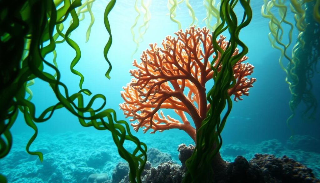 Seaweed and coral dream omen - An ethereal underwater realm, illuminated by a soft, dreamy glow. In the foreground, lush, undulating seaweed sways gently, its fronds caressing a cluster of delicate coral formations. The middle ground reveals a kaleidoscope of vibrant hues, as the coral branches intertwine, creating a mesmerizing, organic pattern. In the background, a sense of depth is conveyed through the gradual fading of colors, leading the eye towards a mysterious, otherworldly horizon. The lighting is diffused and atmospheric, casting a serene, contemplative mood, as if glimpsing into a prophetic, aquatic dream. Seaweed and coral dream omen - An ethereal underwater realm, illuminated by a soft, dreamy glow. In the foreground, lush, undulating seaweed sways gently, its fronds caressing a cluster of delicate coral formations. The middle ground reveals a kaleidoscope of vibrant hues, as the coral branches intertwine, creating a mesmerizing, organic pattern. In the background, a sense of depth is conveyed through the gradual fading of colors, leading the eye towards a mysterious, otherworldly horizon. The lighting is diffused and atmospheric, casting a serene, contemplative mood, as if glimpsing into a prophetic, aquatic dream.
